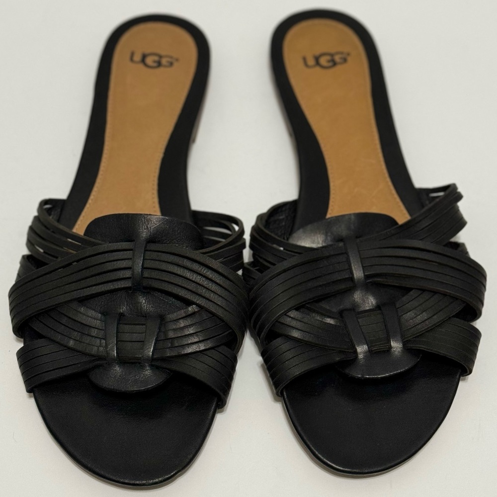 UGG Australia Chanez Black Leather Huarache Slide Sandal EUC